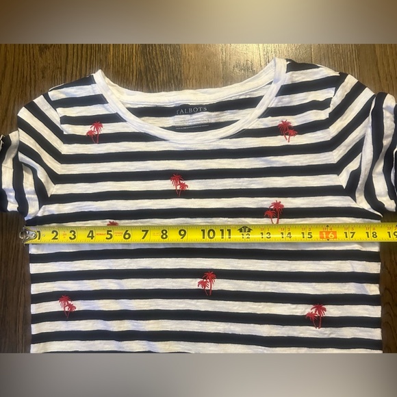 EUC Talbots Dark Navy & White Stripe Shirt w/ Red Palm Trees - women’s medium - Picture 2 of 5